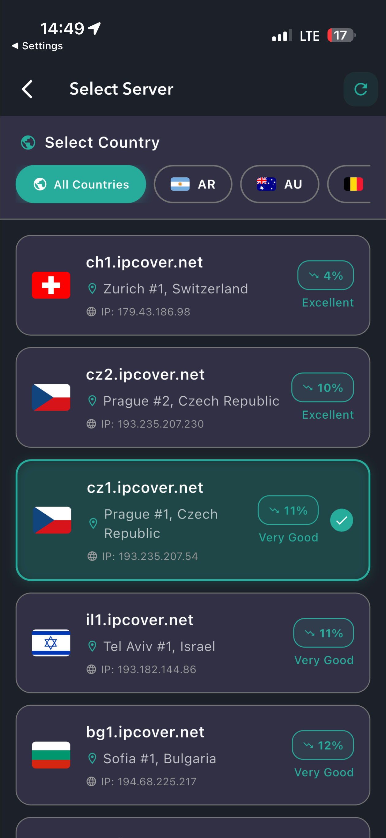 JustVPN Server Selection