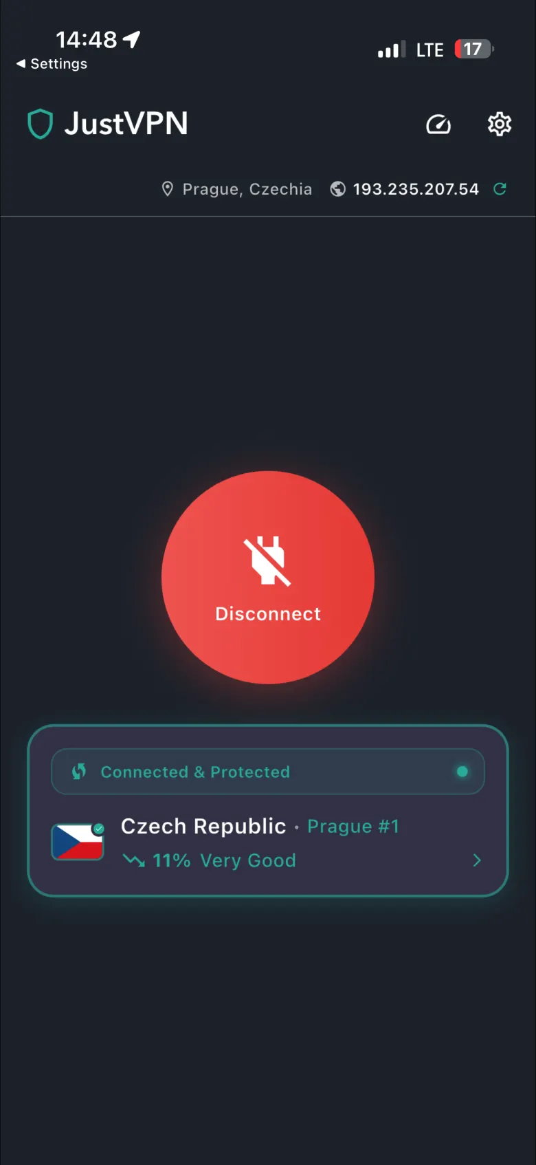 JustVPN Home Screen