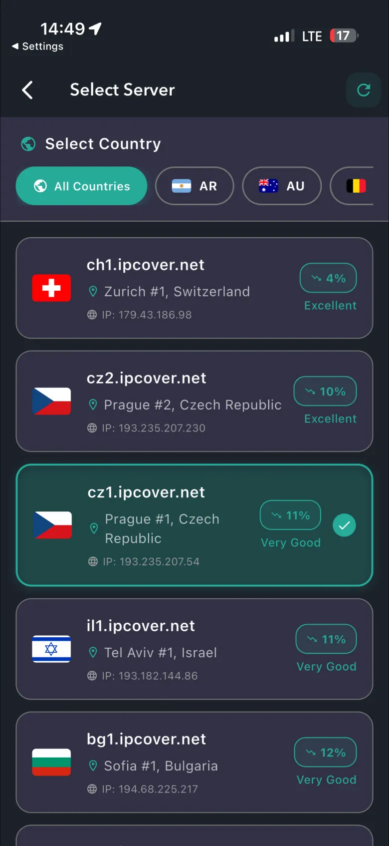 JustVPN Server Selection